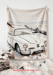 Luxury Chanel Beach Convertible Car Flannel Throw Blanket  Coastal Shells & Vintage Car Print IMG_7193
